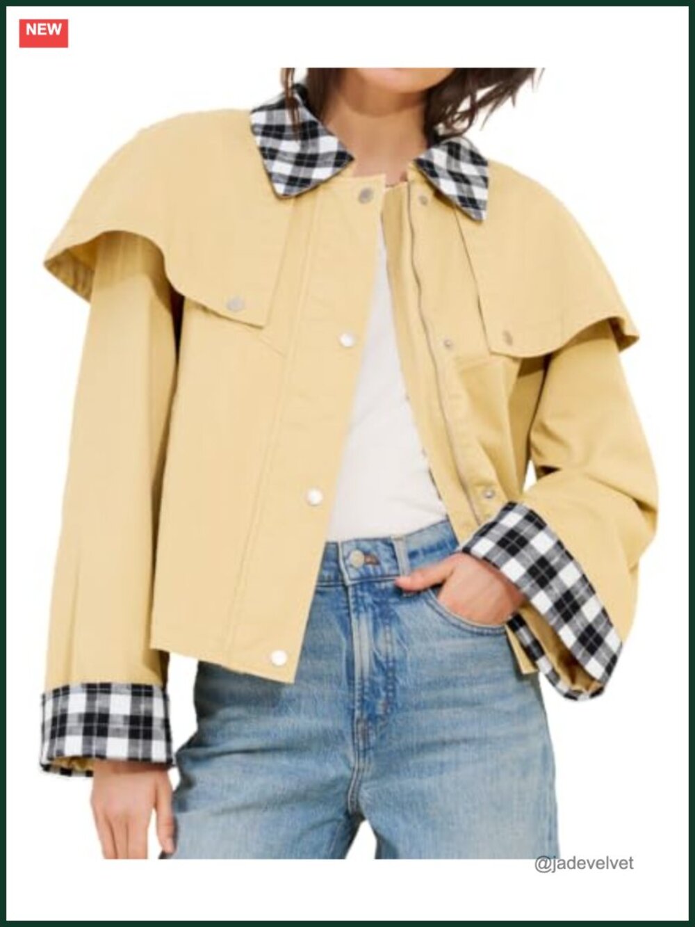 Women's Cropped Trench Coat Lightweight Cape Jacket Gingham Trim Long Sleeve